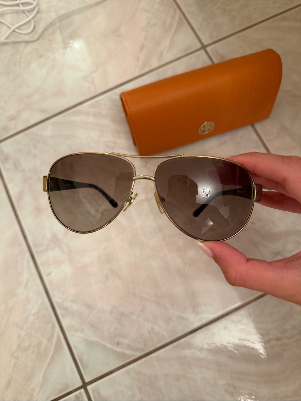 Tory Burch Gold Aviator Sunglasses with Brown Lenses and Orange Case
